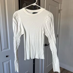 Cream Ribbed Blouse with Puff Sleeves